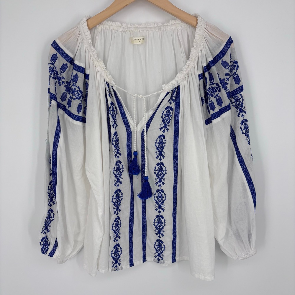 Maison Hotel Embroidered Cotton Gauze Tassel Peasant Blouse Womens Medium White